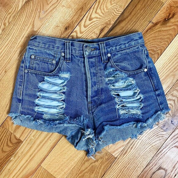 MINKPINK Denim Distressed High Waisted Shorts - Picture 7 of 7